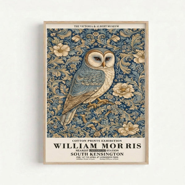 Vintage-style museum print showing a detailed owl perched among stylized flowers and leaves in naturalistic Art Nouveau design with teal and warm brown accents.