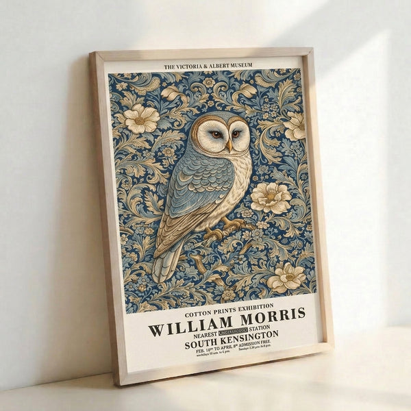 Refined Art Nouveau poster art displaying an owl amid decorative flowering plants and foliage in a sophisticated palette of deep blue, cream, and metallic gold.