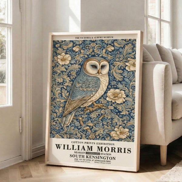 Elegant framed wall art in the Art Nouveau tradition, featuring an ornamental owl nestled within intricate botanical elements in teal, cream, and warm earth tones.