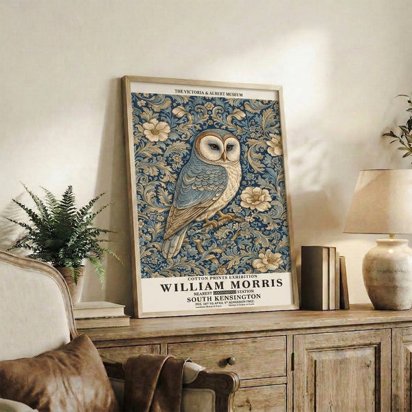 Naturalistic Art Nouveau museum-quality poster showing an owl surrounded by flowering vines and leafy branches in rich deep blue and cream with golden accents.