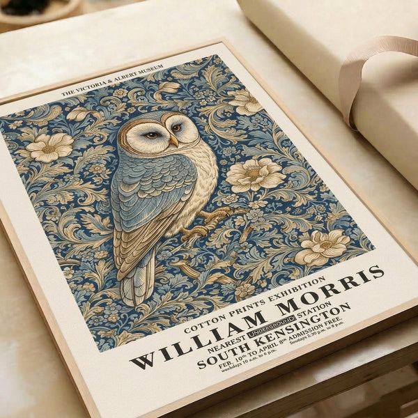 Elegant botanical poster art featuring a beautifully detailed owl surrounded by nature-inspired decorative leaves and blooms in deep blue, cream, and warm metallic tones.