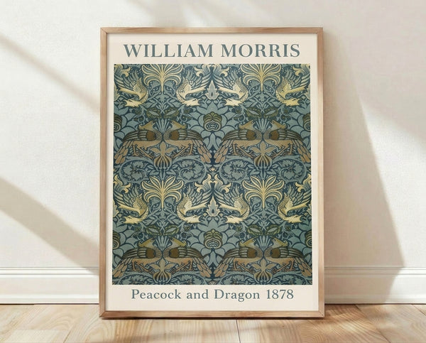 Art Nouveau framed poster featuring an ornate peacock and dragon amid intricate botanical designs in teal, cream, and gold tones.