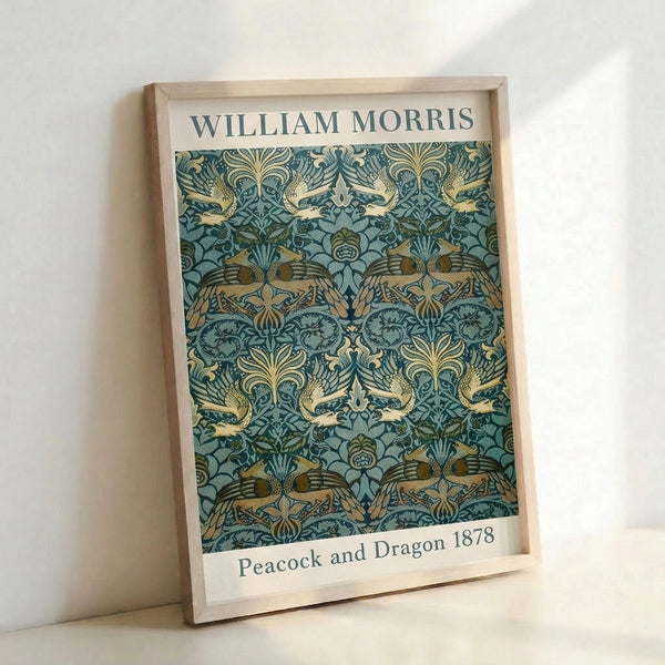 Mystical folk art print showing an elaborately patterned peacock and dragon design with ornamental foliage in harmonious cream and teal hues.