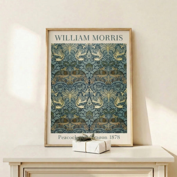 Antique-style decorative poster of a peacock and dragon composition with Art Nouveau botanical elements in gold, sage, and cream palette.