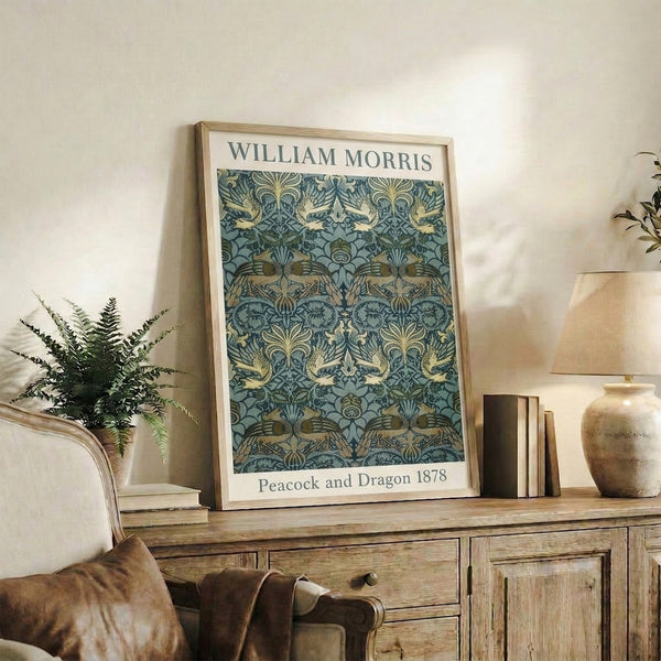 Vintage Art Nouveau wall hanging with a mystical peacock and dragon surrounded by intricate floral and leaf patterns in cream and gold.