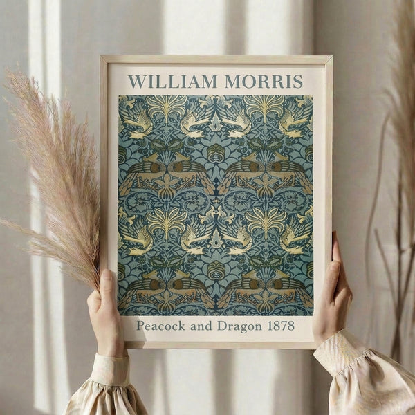 Antique-inspired framed print of an elaborate peacock and dragon composition with harmonious Art Nouveau detailing in dark blue and cream.