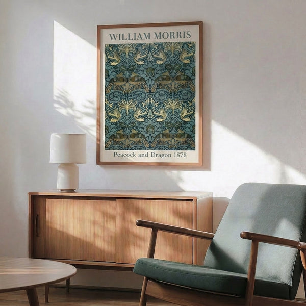 Ornate vintage poster featuring a majestic peacock and dragon amid decorative flowers and foliage in teal, gold, and sage green.