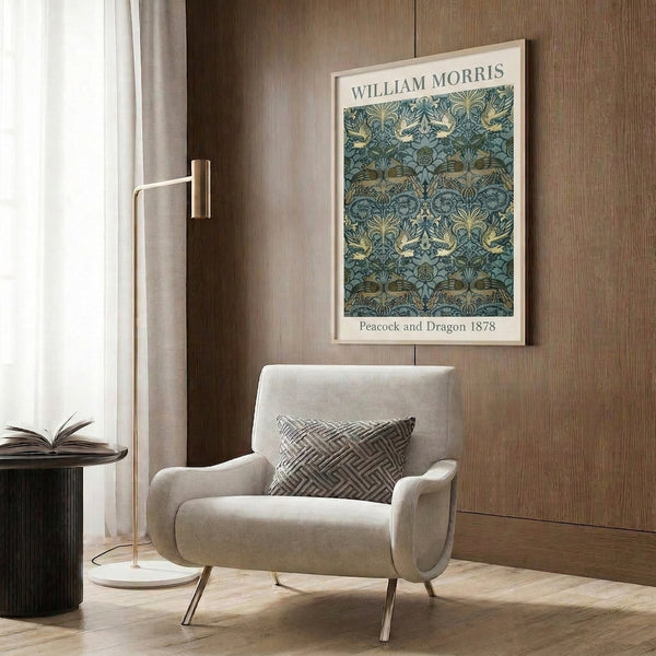 Mystical Art Nouveau wall art with an intricately patterned peacock and dragon surrounded by botanical designs in cream and dark blue.