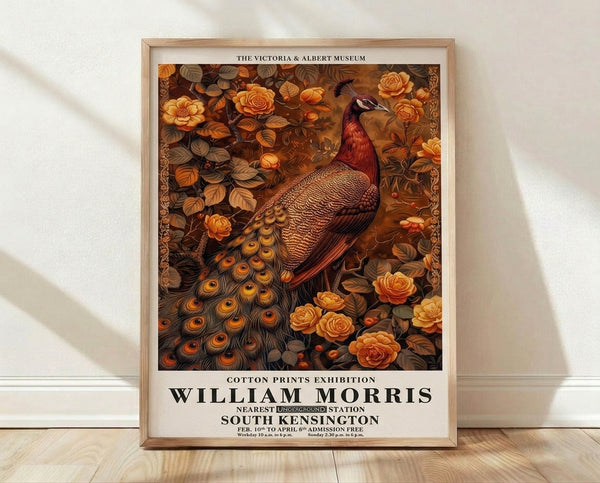 Art Nouveau framed poster featuring an ornate peacock surrounded by blooming roses and botanical leaves in burnt orange, deep brown, cream, and gold tones.