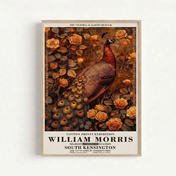 Vintage museum-quality art print of an elegant peacock with detailed feathering, nestled among naturalistic flowers and foliage in warm rust and cream hues.