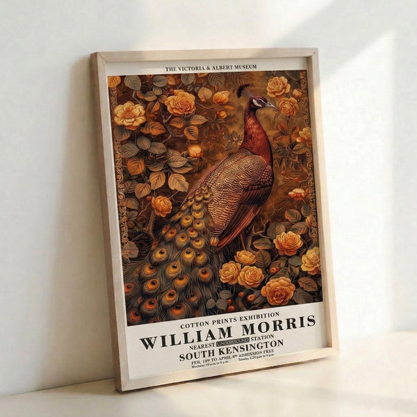 William Morris-inspired botanical wall art depicting a majestic peacock amid roses and leafy vines in rich burnt orange and brown with golden accents.