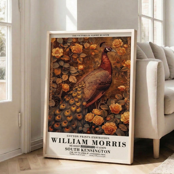 Ornate framed peacock artwork in the Art Nouveau style, blending naturalistic florals and bird imagery in sophisticated cream, rust red, and deep brown tones.