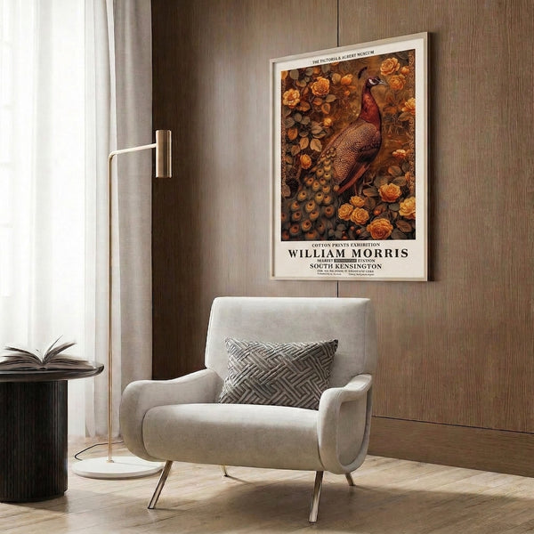 Elegant vintage poster art featuring a decorative peacock surrounded by roses and leaves rendered in characteristic warm burnt orange, brown, and cream palette.