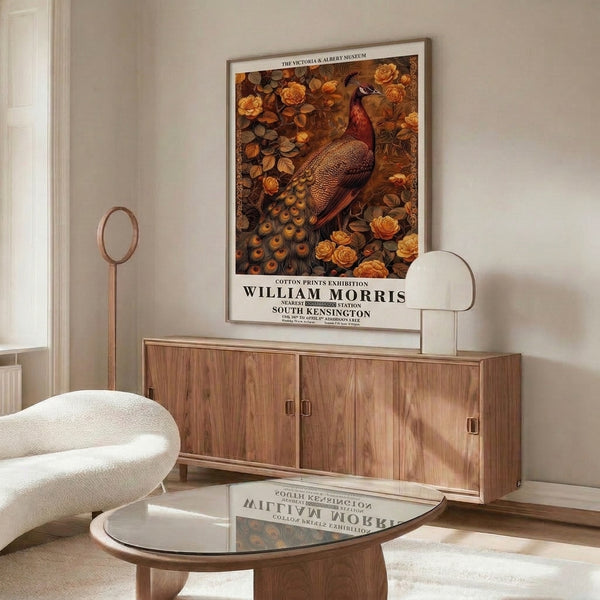 Framed Art Nouveau botanical print showcasing an ornamental peacock with blooming flowers and intricate foliage in luxurious gold-accented warm earth tones.