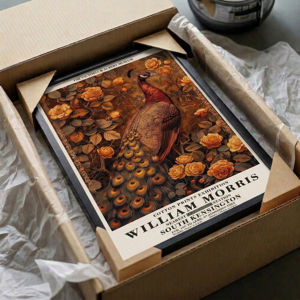 Sophisticated vintage wall art print with an ornate peacock motif framed in deep brown, rust, cream, and gold—inspired by classic botanical exhibition design.