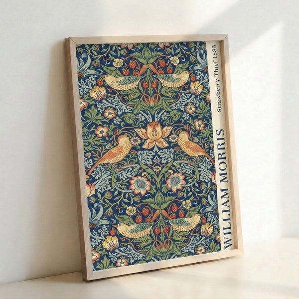 Framed Art Nouveau wall art depicting elegant birds intertwined with strawberry vines and botanical elements in a sophisticated palette of navy, sage, and coral.