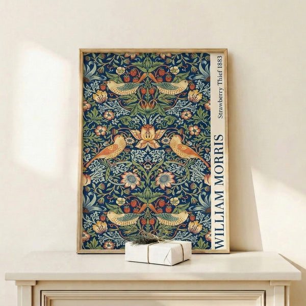 Classic Morris design print featuring ornamental birds stealing strawberries from flowering plants, rendered in muted dark blue and green with coral accents.