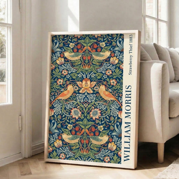 Art Nouveau framed poster showcasing the timeless Strawberry Thief pattern with delicate birds and lush garden botanicals in deep blue, green, and orange-coral tones.