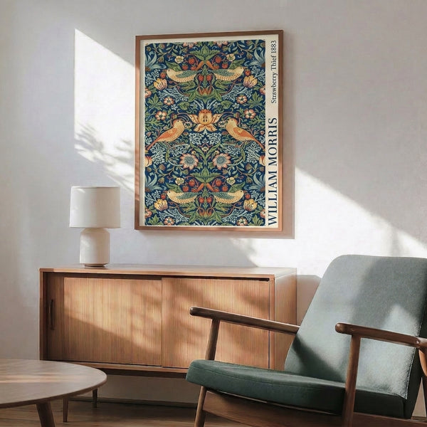 Elegant framed art featuring William Morris's famous 1883 pattern with birds among strawberries and leaves in sophisticated dark blue and green with coral highlights.