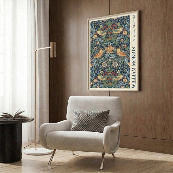 Vintage Art Nouveau poster art showing intricate strawberry and bird motifs in a harmonious blend of navy blue, sage green, cream, and coral tones.