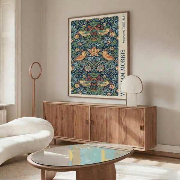 Framed print of the celebrated Morris botanical design with thrushes and strawberry vines in ornamental Art Nouveau style, deep blue and sage palette with coral accents.