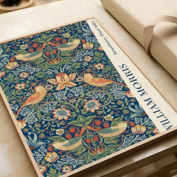 Classic naturalistic art print featuring ornamental birds gathered among strawberries and foliage in elegant dark blue, green, and warm coral hues.
