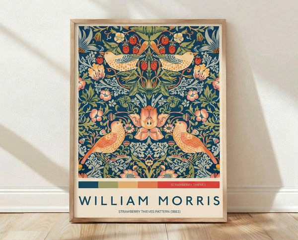 William Morris Strawberry Thieves 1883 art print featuring birds among strawberry plants and flowers in navy blue, sage green, and coral red with ornamental Art Nouveau design.