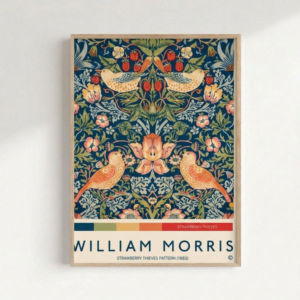 Vintage Art Nouveau poster with intricate strawberry and floral pattern in cream, golden orange, and deep blue tones, inspired by nature with classical elegance.