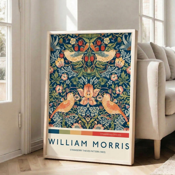 Art Nouveau wall art showcasing the iconic Strawberry Thieves pattern with birds, fruits, and foliage in cream, coral, and deep blue hues with classical symmetry.