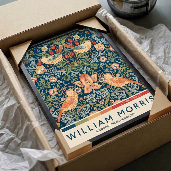 William Morris Strawberry Thieves framed poster displaying an ornamental pattern of birds and flowering strawberry plants in romantic navy, sage, and coral tones.