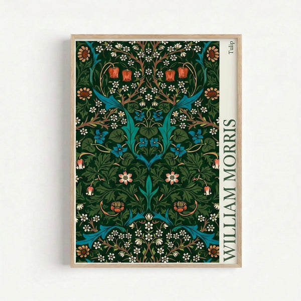 Vintage botanical wall art print with interlocking tulips, daisies, and flowing vines in sophisticated Art Nouveau style, rendered in rich greens and blues with coral highlights.