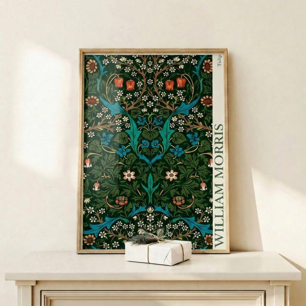 Botanical framed art print in the William Morris tradition, featuring ornamental tulips and delicate vines in a sophisticated palette of green, blue, red, and gold.