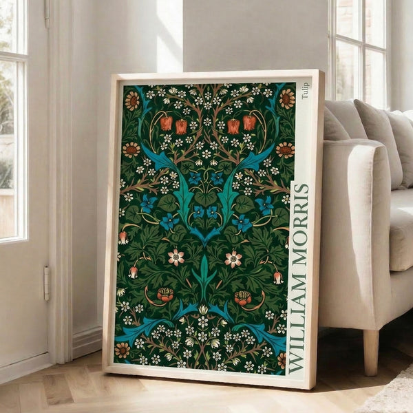 Vintage poster art showcasing an intricate Art Nouveau floral composition with tulips, daisies, and decorative vines in forest green, turquoise, and coral with gold detailing.