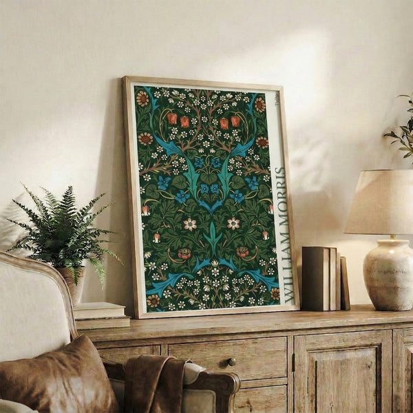 Framed William Morris-style botanical print with graceful tulips and intertwining foliage in sophisticated Art Nouveau design, featuring forest green and turquoise with coral accents.