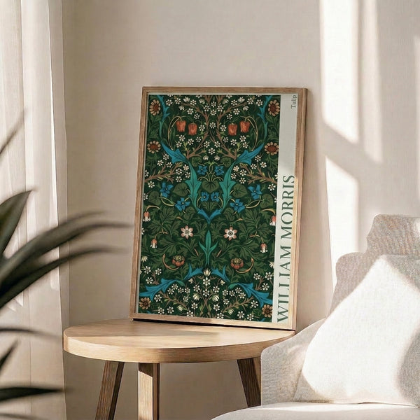 Art Nouveau wall poster displaying ornamental tulip and daisy pattern with scrolling vines in a refined palette of cream, green, blue, red, and gold tones.
