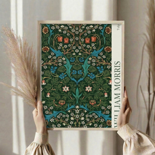 Vintage botanical art print featuring William Morris tulip motif with flowing leaves and blooms in sophisticated forest green, turquoise blue, coral red, and cream.