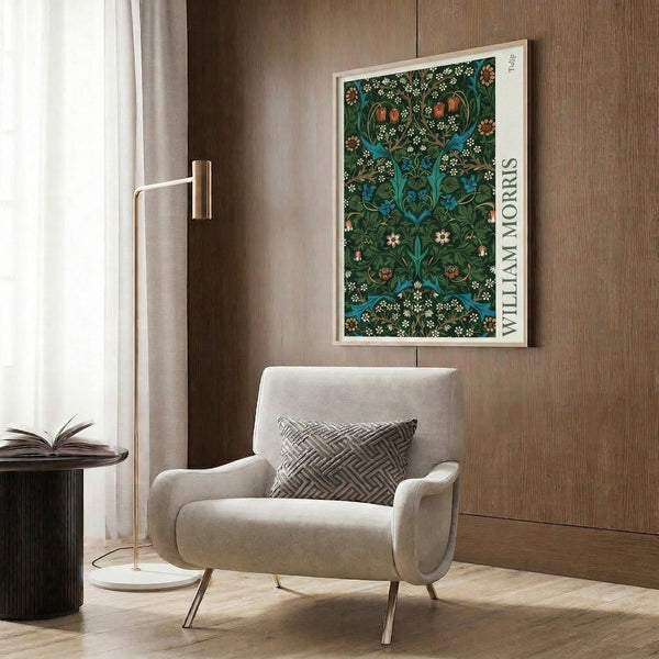 William Morris-inspired botanical wall art in Art Nouveau style, showcasing elegant tulips and daisies with intertwining vines in forest green, turquoise, and coral.