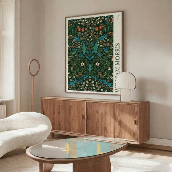 Vintage framed poster featuring intricate William Morris tulip and leaf pattern with ornamental gold details in sophisticated turquoise, green, red, and cream palette.