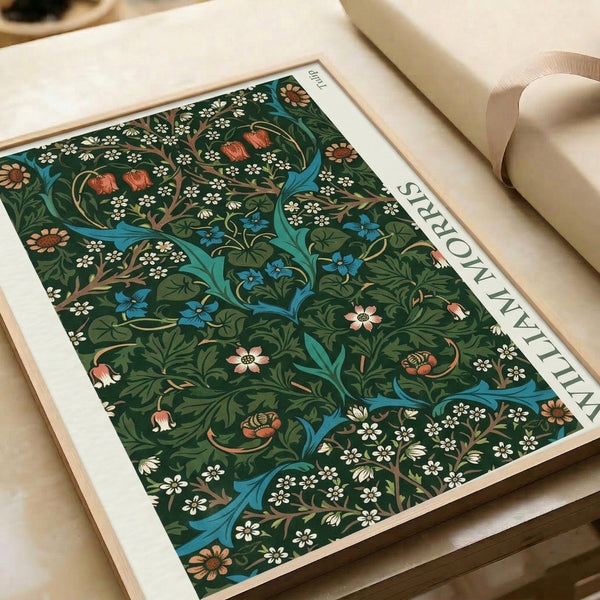 Art Nouveau botanical print with William Morris tulip composition, delicate foliage, and ornamental accents in forest green, coral red, turquoise blue, and gold.
