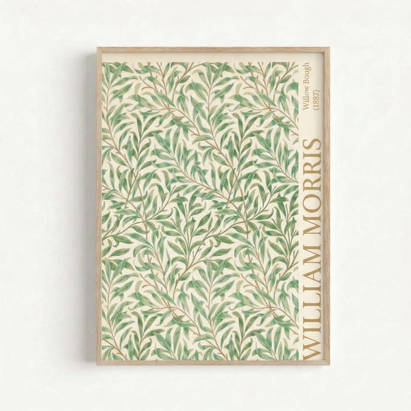 Vintage William Morris-inspired design with organic willow bough pattern in muted greens and tan, elegant natural motif displayed as a framed print.