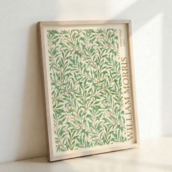 Framed poster art showing intricate willow leaves and graceful branches in calming sage and olive hues against a cream ground, Art Nouveau style.