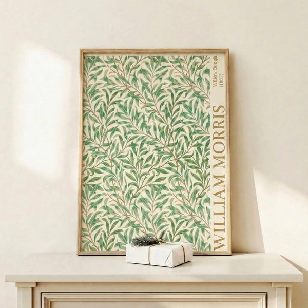 Vintage cottagecore wall art with repeating willow pattern in soft green and tan tones, ornamental botanical design in classic Art Nouveau tradition.