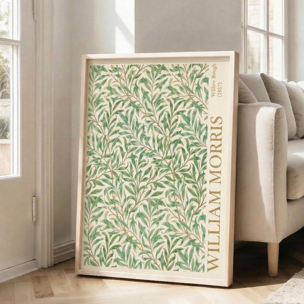 Elegant framed poster featuring flowing willow foliage in sage green and olive shades, organic Arts and Crafts inspired wall hanging.
