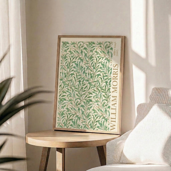 Vintage poster art depicting graceful willow bough pattern in calming greens and tans, elegant natural design on cream-colored background.