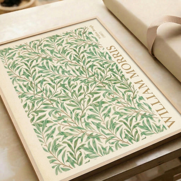 Elegant vintage print with intricate willow leaves and branches in sage green and olive, natural flowing design suited to classical interiors.