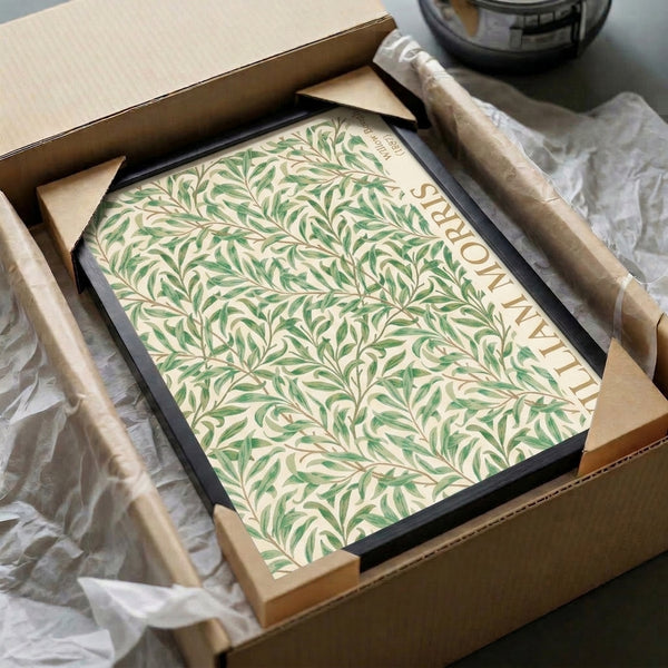 Wall art poster featuring stylized willow pattern with delicate foliage in soft earth tones, Art Nouveau inspired botanical composition.
