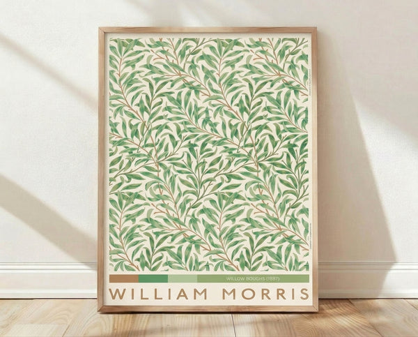 Art Nouveau framed poster print of delicate willow branches with flowing leaves in sage and forest green against a cream background, embodying serene natural elegance.
