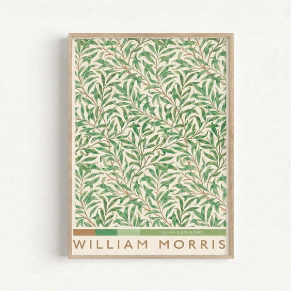 William Morris vintage-style wall art featuring intricately rendered willow boughs with graceful foliage in earthy greens and tan tones on cream, evoking peaceful botanical design.