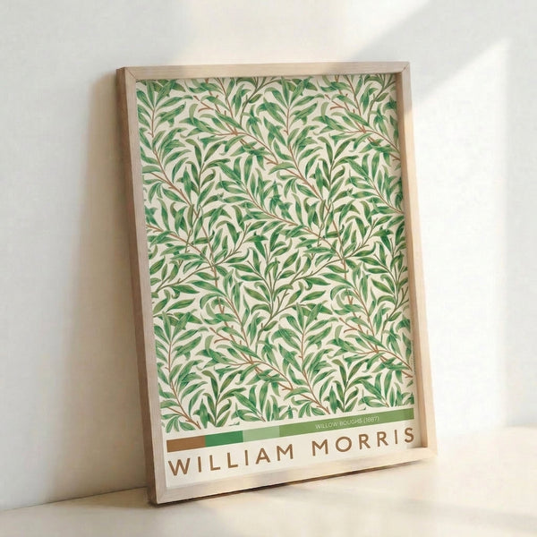 Framed Art Nouveau print showcasing drooping willow branches with detailed leaves in muted green palette against a light cream ground, capturing decorative natural tranquility.