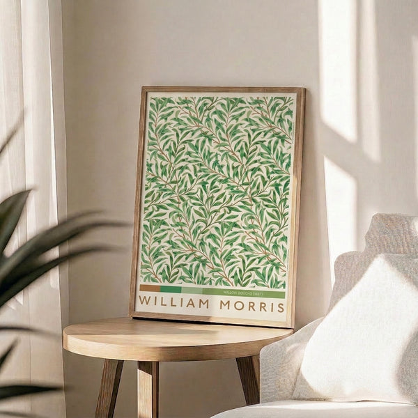 Art Nouveau wall print with elegantly flowing willow branches and foliage rendered in soft greens and earthy browns against cream, evoking classic decorative botanical style.